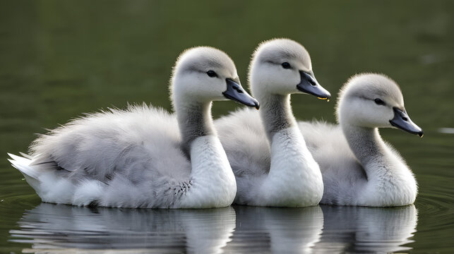 grey chicks of the white sibilant swan with grey down