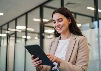 Fototapeta premium Young Businesswoman Enhancing Productivity with Tablet in Bright Office with Copy Space