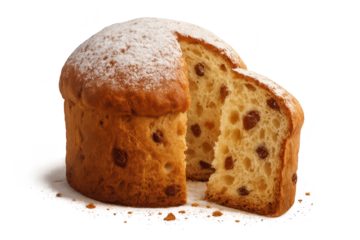Delicious Panettone with raisins and sugar powder isolated on transparent
