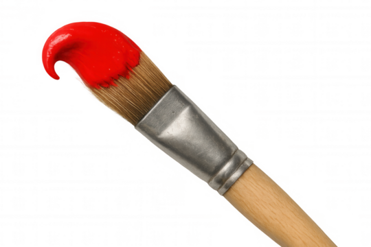 Paintbrush loaded with red paint on transparent background, ready for painting and artistic creation