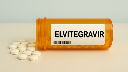 Box of ELVITEGRAVIR tablets on a hospital pharmacy table used to treat HIV infection an integrase...