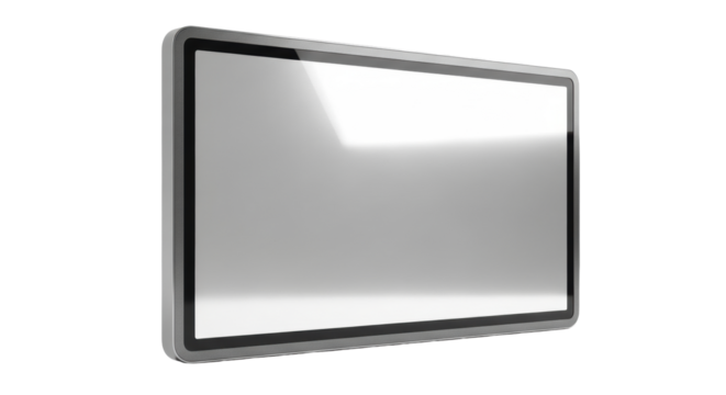 An empty, sleek, modern digital display frame with dark metallic gray bezel and highly reflective silver screen on a transparent studio background, concept of future data presentation