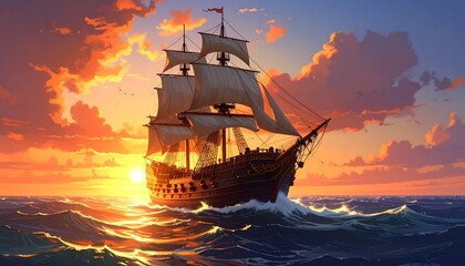 Fototapeta premium Majestic sailing ship at sunset