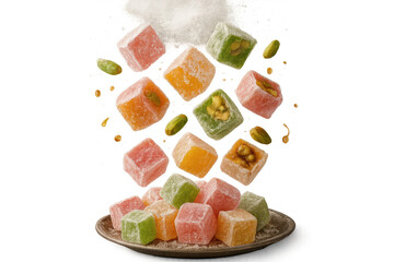 Colorful Turkish delight cubes with pistachios isolated on transparent background