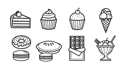 Collection of delicious desserts and sweets in a hand drawn silhouette style