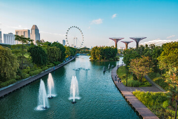 view of Gardens by the Bay in Singapore, with fountains in the canal, the Singapore Flyer, and iconic Supertrees in the background, showcasing urban sustainability and greenery.