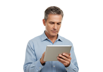A middle-aged man in a blue collared shirt is looking intently at a tablet he is holding with both hands