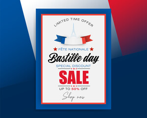 Holiday design, background with handwriting texts and national flag colors for Bastille day celebration, sales and commercial events; Vector illustration.