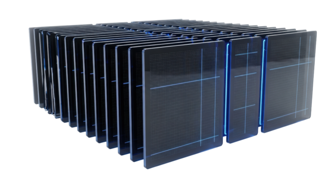 Vertically aligned, sleek dark anthracite acrylic panels with glowing blue borders and etched grids, on a transparent studio background with copy space, concept of sophisticated modularity