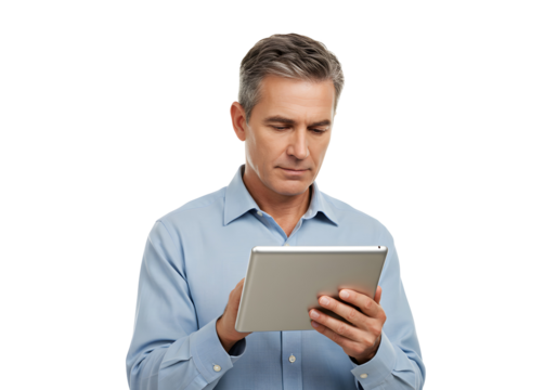 A middle-aged man in a blue collared shirt is looking intently at a tablet he is holding with both hands - Powered by Adobe