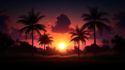 Naklejka premium Serene tropical sunset with silhouetted palm trees against a vibrant orange sky
