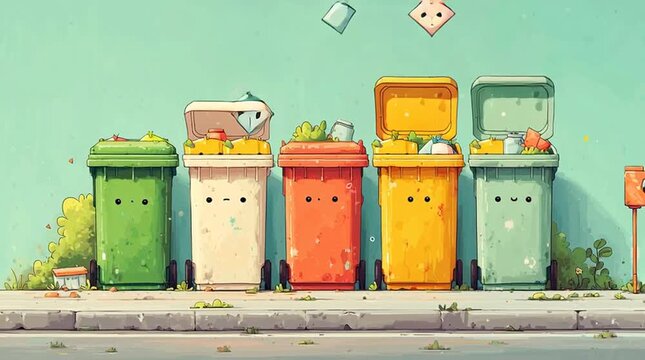 Animated colorful recycling bins in cartoon style. Fun eco-friendly animation for waste segregation, kids education, and green projects.