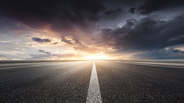 The road stretches straight to the distant horizon, with the sky in the background providing ample whitespace for text or design elements, showcasing a spacious and expansive roadside scene.