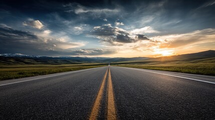 The road stretches straight to the distant horizon, with the sky in the background providing ample whitespace for text or design elements, showcasing a spacious and expansive roadside scene.