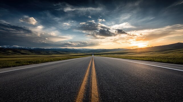 The road stretches straight to the distant horizon, with the sky in the background providing ample whitespace for text or design elements, showcasing a spacious and expansive roadside scene.