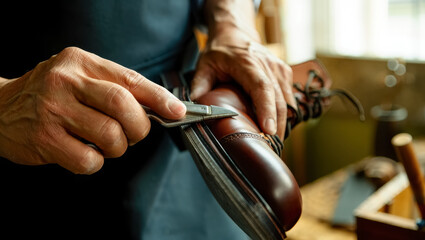 Close-up of a shoemaker carefully trimming the edge of a brown leather boot sole with a precision tool, showing craftsmanship and attention to detail in a traditional workshop setting