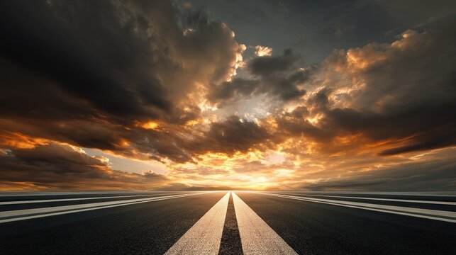 The road stretches straight to the distant horizon, with the sky in the background providing ample whitespace for text or design elements, showcasing a spacious and expansive roadside scene.