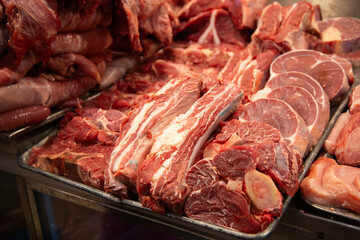 Mexico City, Mexico; November 1, 2025: Stalls selling fresh meat at the Mercado de la Merced market in Mexico City.