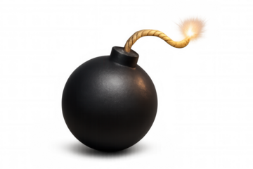 Vintage black bomb with lit fuse, symbolizing explosive threat against neutral backdrop