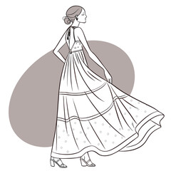 Fashionable young woman in a flowing maxi dress depicted in a stylish vector sketch with vibrant color accents