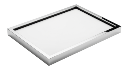 Sleek, highly polished reflective silver rectangular frame, ultra-thin profile, crisp corners, bordering transparent space, isolated on transparent. Minimalist design concept