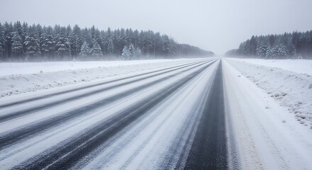 Long straight highway covered in snow during a winter storm.
