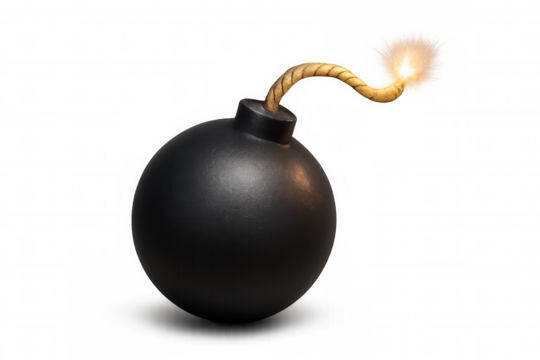 Vintage black bomb with lit fuse, symbolizing explosive threat against neutral backdrop