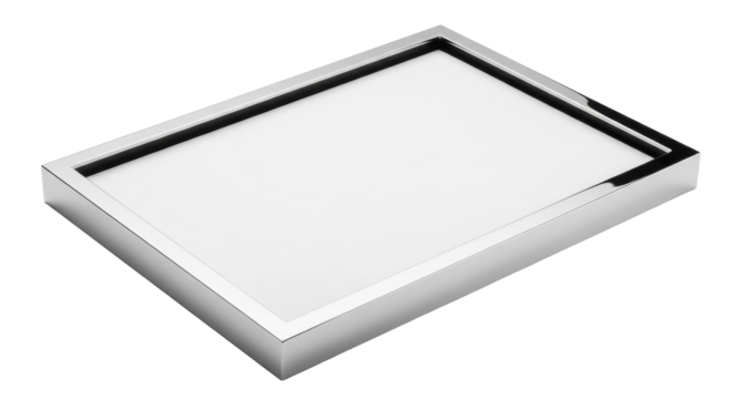 Sleek, highly polished reflective silver rectangular frame, ultra-thin profile, crisp corners, bordering transparent space, isolated on transparent. Minimalist design concept