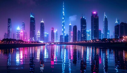 Dubai Skyline Night Reflection