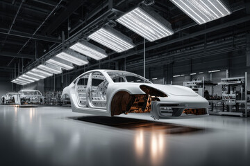 Obraz premium futuristic robotic factory assembles zeroemission electric vehicles highlighting advanced technology