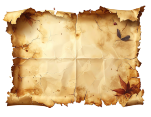 Aged parchment, torn and creased, with subtle leaf patterns