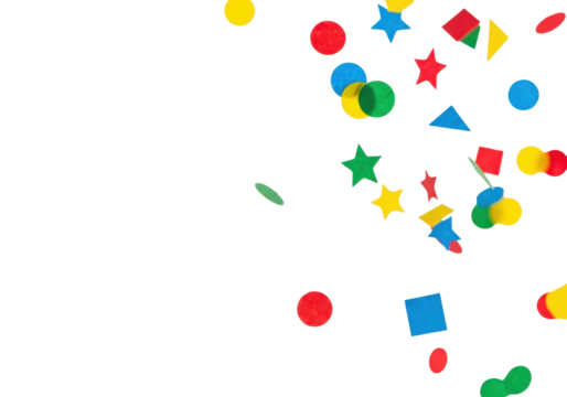 Vibrant, glossy confetti particles (circles, squares, stars) in red, blue, yellow, green, gently dispersed on a transparent background, close-up studio shot, concept of festive celebration