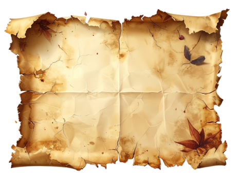 Aged parchment, torn and creased, with subtle leaf patterns - Powered by Adobe