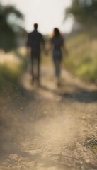 Fototapeta premium Couple walking on rural path under soft sunlight