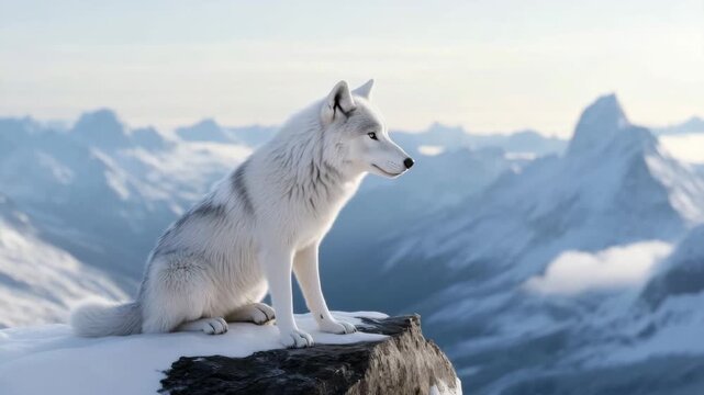 Majestic white wolf sits atop a rocky ledge overlooking snowy mountain range during early morning light