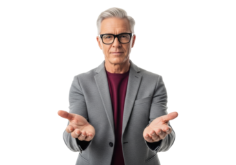 Mature caucasian man with silver hair, black glasses, charcoal blazer, burgundy top, welcoming gesture, transparent studio background with ample copy space, professional portrait with inviting