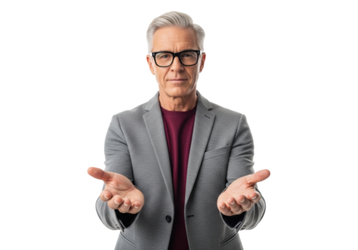 Mature caucasian man with silver hair, black glasses, charcoal blazer, burgundy top, welcoming gesture, transparent studio background with ample copy space, professional portrait with inviting