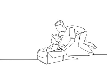 Single continuous line drawing girl is in a cardboard box and pushed by her father. Father is first love of his daughter. Affection. International Day of Boys. One line design vector illustration