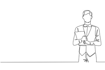 Single continuous line drawing a waiter crosses his arms in front of his chest while carrying a menu. Bringing menu list. Catalog. Servant. National Waiters Day. One line design vector illustration
