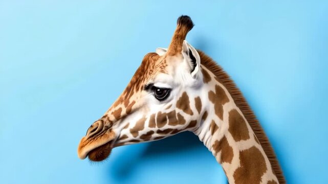 Unique giraffe portrait with bright blue background on a sunny day, highlighting the animal's long neck and expressive features