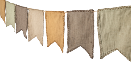 Rectangular linen pennants, weathered, hand-stitched with rustic thread, in faded sepia, soft ochre, and pale sage, on a transparent background, sense of ancient lore and timeless heritage