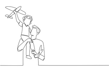 Single one line drawing father carrying his son on his shoulders and the child holding a toy airplane. Keeping ideals high. International Day of Boys. Continuous line design graphic illustration