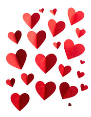 Red paper hearts clustered, black background