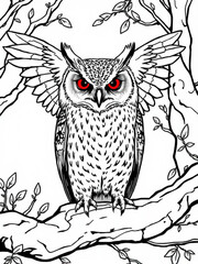 Minimilist a detailed illustration of an owl with red eyes perched on a branch surrounded by foliage artfully drawn vector