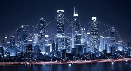 Futuristic smart city skyline at night with glowing data network connections between buildings, representing technology, innovation, and global communication.