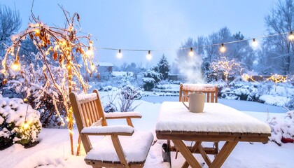 Cozy Winter Patio Scene with Steaming Mug and Festive Lights