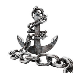 Rusty metal anchor and chain on transparent background. 3D illustration