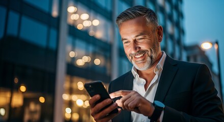 Smiling mature businessman using a smartphone for enhanced productivity in a modern city at night, business concept with copy space