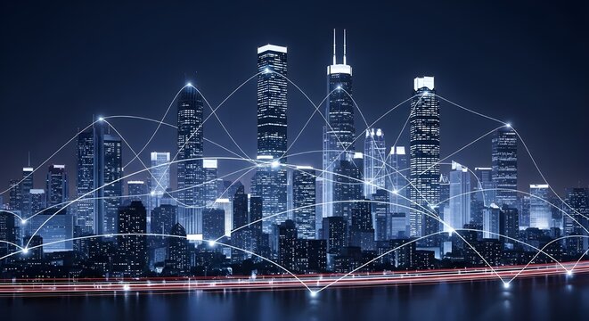 Futuristic smart city skyline at night with glowing data network connections between buildings, representing technology, innovation, and global communication.