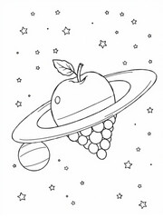 Minimilist an apple and grapes floating in space with a ring around it surrounded by stars and a planetoid vector